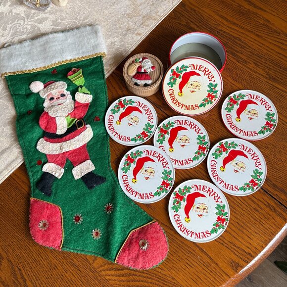 Vintage Santa, Coaster set, Stocking, Porcelain Santa Candle - Picture 3 of 17
